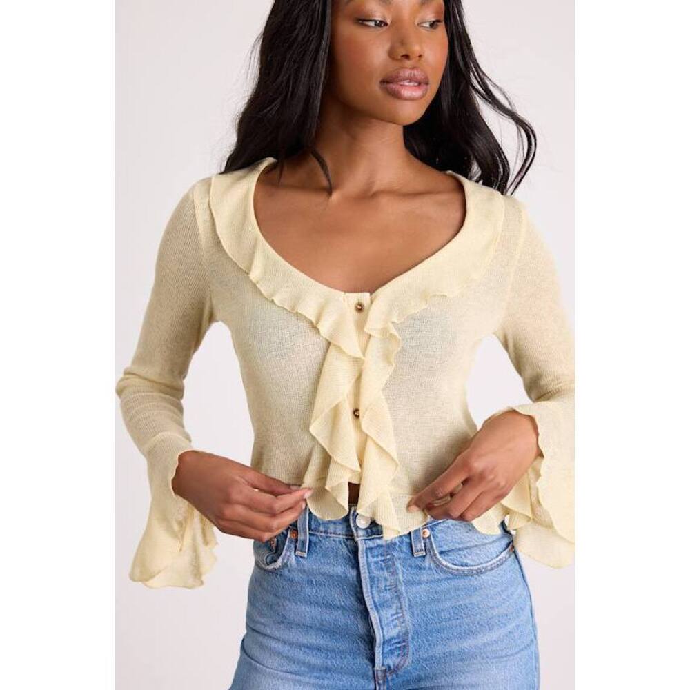 Lulus Casley Light Yellow Ruffled Button-front Sweater Knit Top - Size S